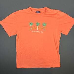 Bermuda Souvenir Embroidered Palm Tree Graphic T-Shirt Coral Pink Orange L Y2K